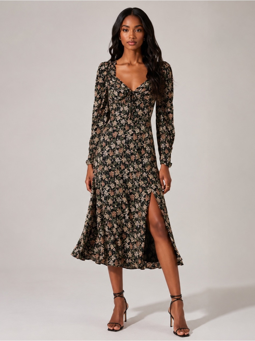 Floral Tie-Front Midi Dress in Black and Blush